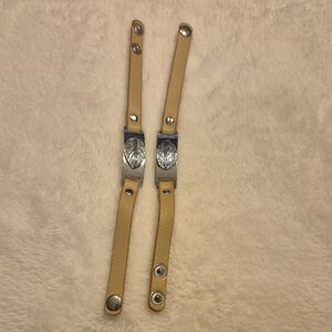 Leather Bracelet Pair with Silver Leaf Accent - Tan